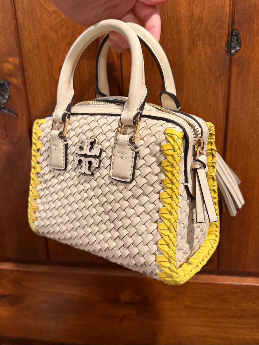 NWT 🔥 Tory Burch Thea Woven Mini Satchel Cream with Yellow Braided Trim